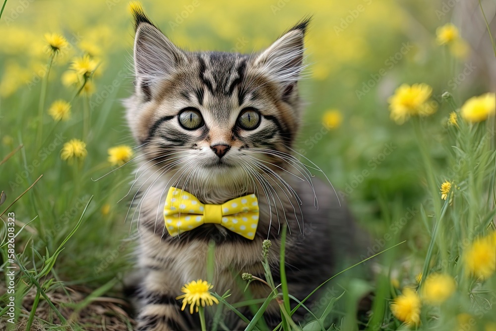 a kitty in dandelion blossoms with a bow tie. Generative AI