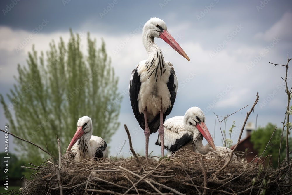 Polands stork in a nest with young birds. Generative AI