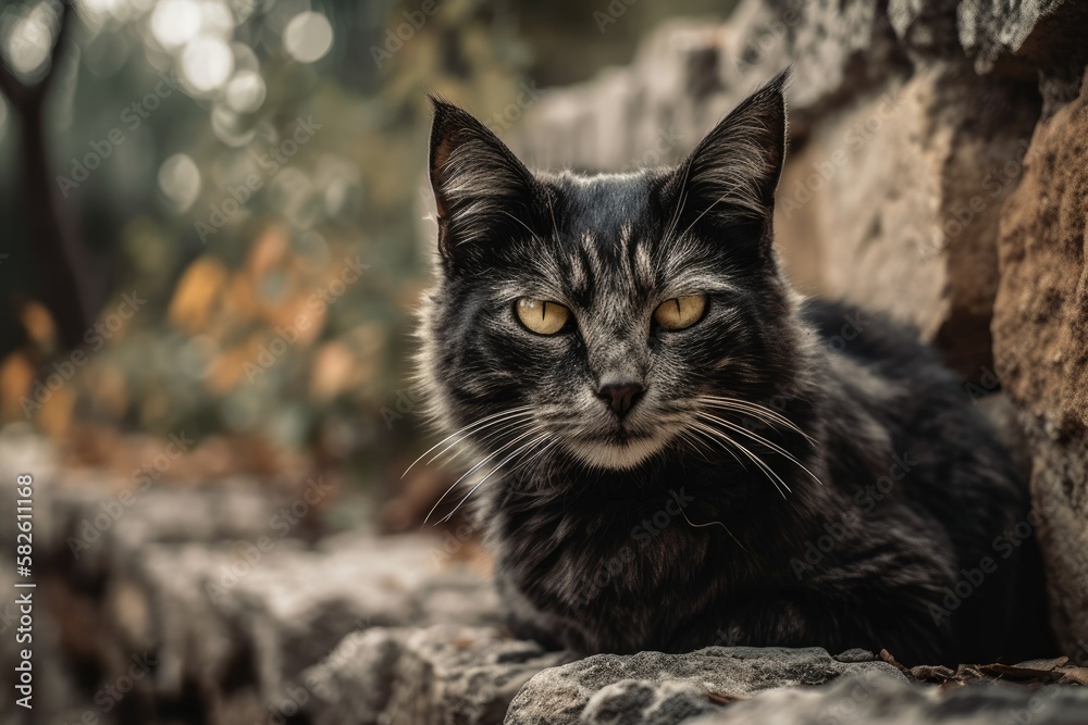 A gorgeous cat sits on a wall and gazes into the camera. Generative AI