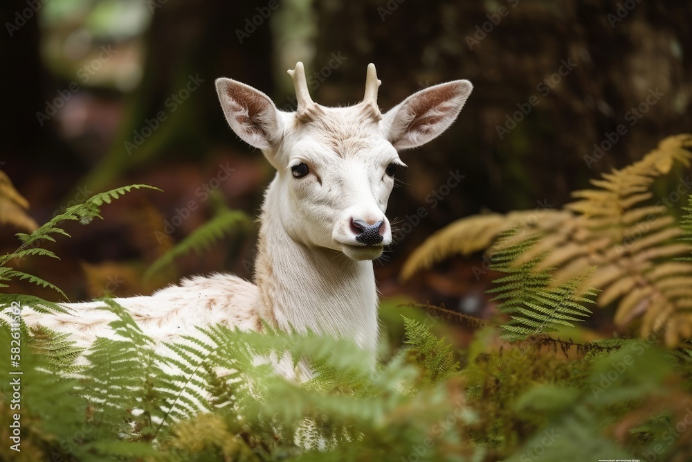 A white Fallow Deer up close and personal among UK ferns. Generative AI