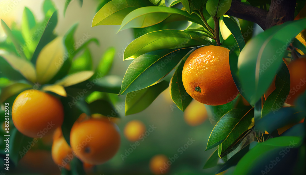 Juicy oranges grow on trees. orange farm. Generative AI