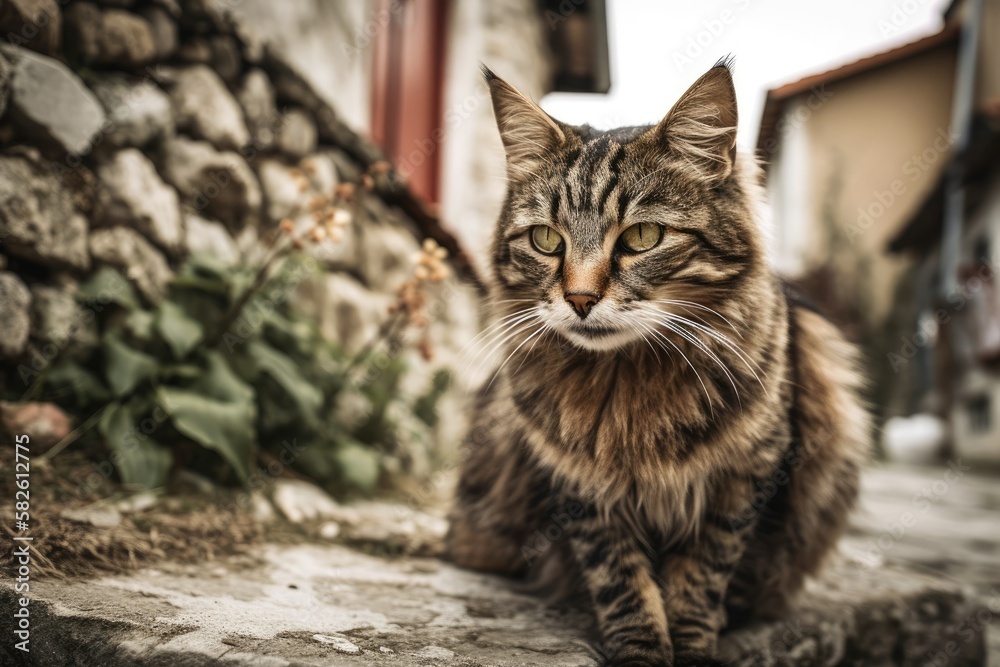 Cat in a typical alpine village in Europe. Generative AI