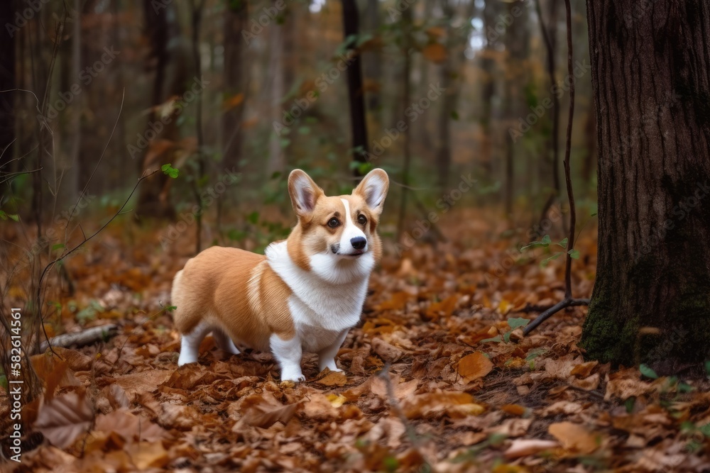 Pembroke Welsh corgi in the forest. Generative AI