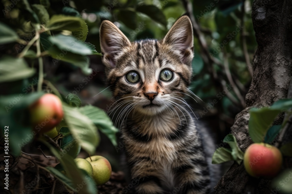 A terrified tabby kitten sits on an apple tree. Generative AI