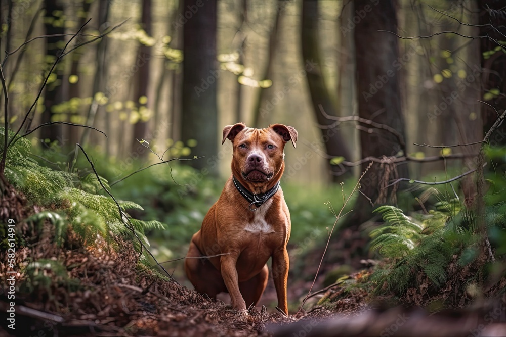 Sharpey thoroughbred red happy dog posing for the camera in the springtime forest. domestic animal c