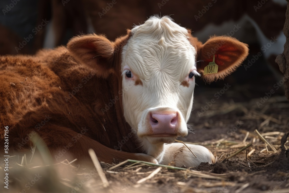 On a beef cow farm during the summer, a Hereford calf is lying in hay. Generative AI