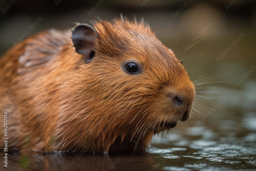 A adorable infant capybara is depicted in this close up portrait of a capybara with a cute face (Hyd