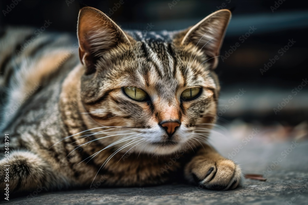 One cat is sprawled across the cement floor. Generative AI