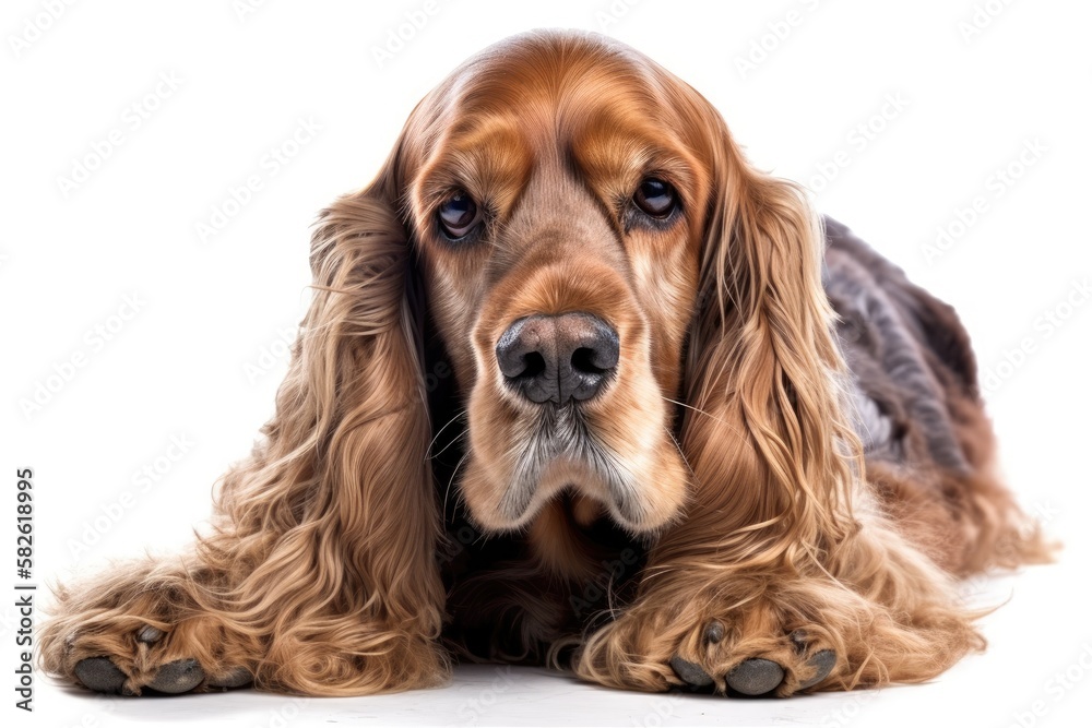 male American cocker spaniel Isolated against white background, a cocker spaniel show dog lays down.