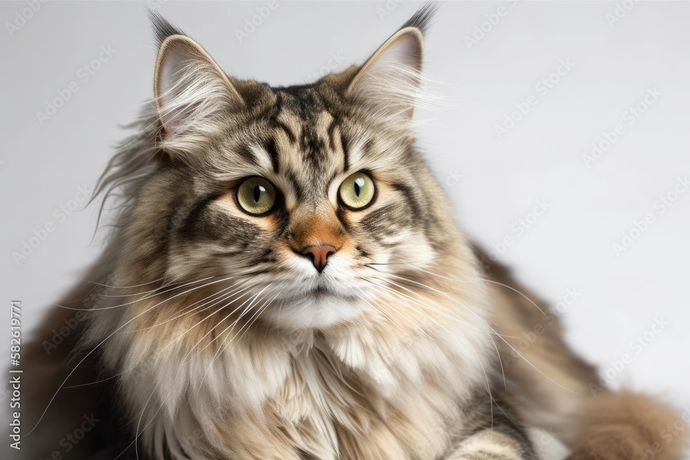 Six year old Siberian cat in a photo studio, with a cat playing in the background. Generative AI