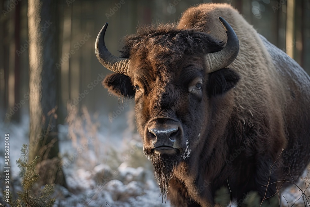 Bison Bonasus, a species of European bison, Knyszyn forest, Poland. Generative AI