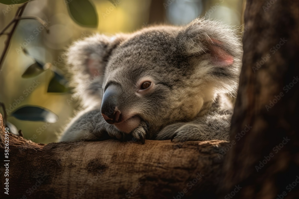 The juvenile koala bear naps on a tree during the day. Australia. Generative AI