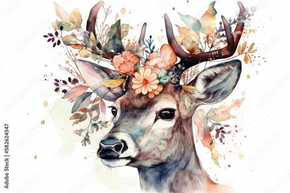 Deer and blossoms. Deer that have been lovingly drawn. Illustration in watercolor. Generative AI