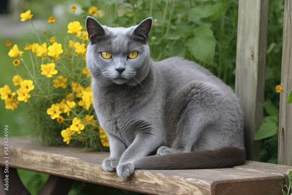 On a weathered wooden garden bench, a gray chartreuse cat. Background lawn with flowers. Generative 