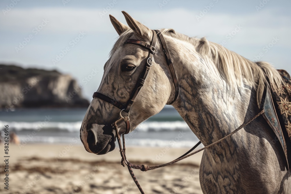 A saddled horse stands near a beach. Generative AI