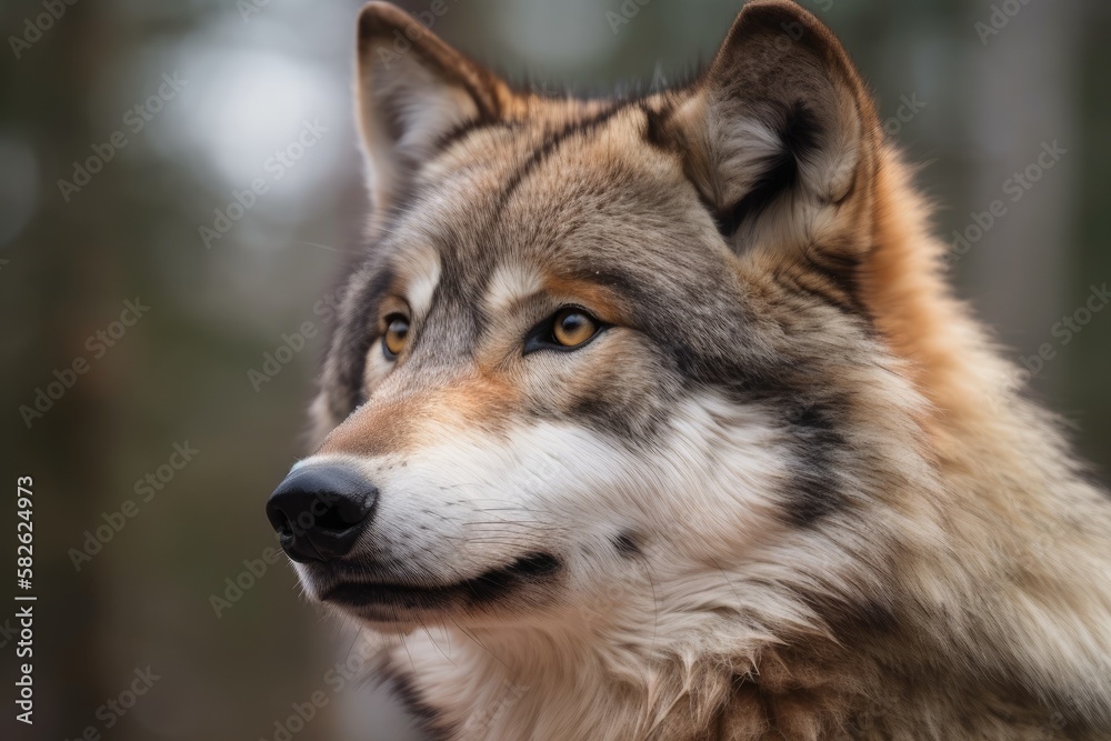 Close up of a magnificent nordic wolf with gray and silky fur. Generative AI