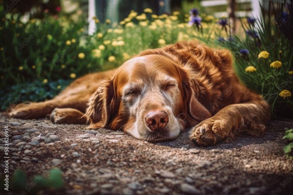 Dog snoozing in the backyard. Generative AI