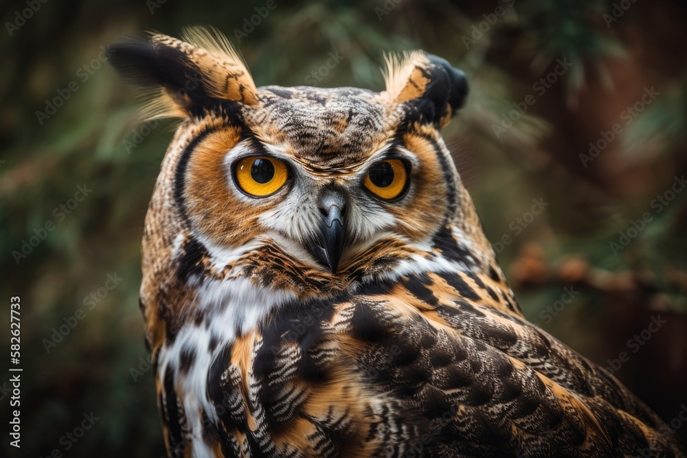 Close up of a great horned owl. Generative AI