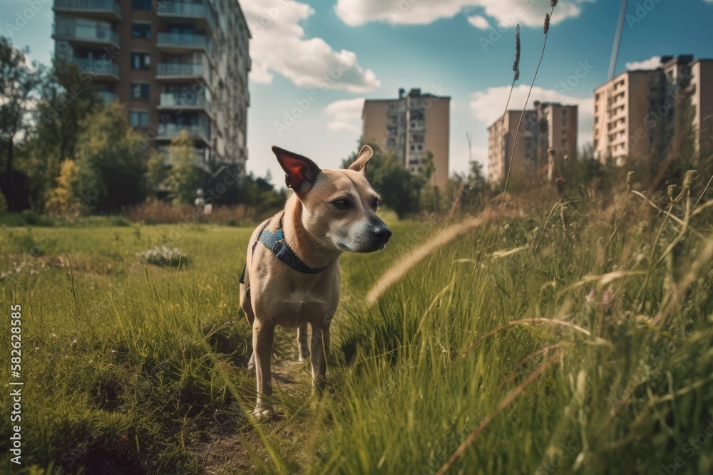 the canine on a walk. background street in a metropolis. Blue sky, lush grass. Generative AI