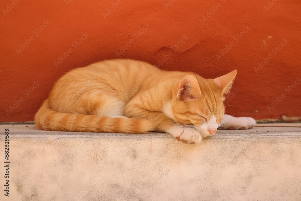 Background of a sleeping orange cat on a red step. Generative AI