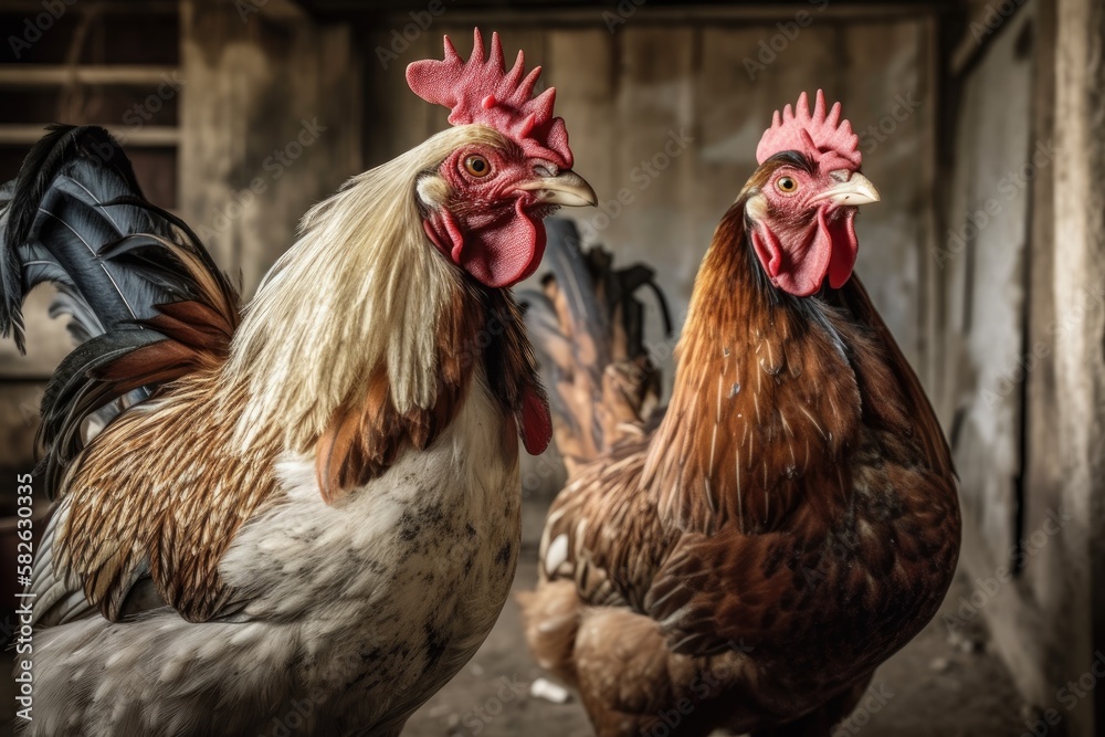 Rooster and hen within an antique agricultural structure. Generative AI