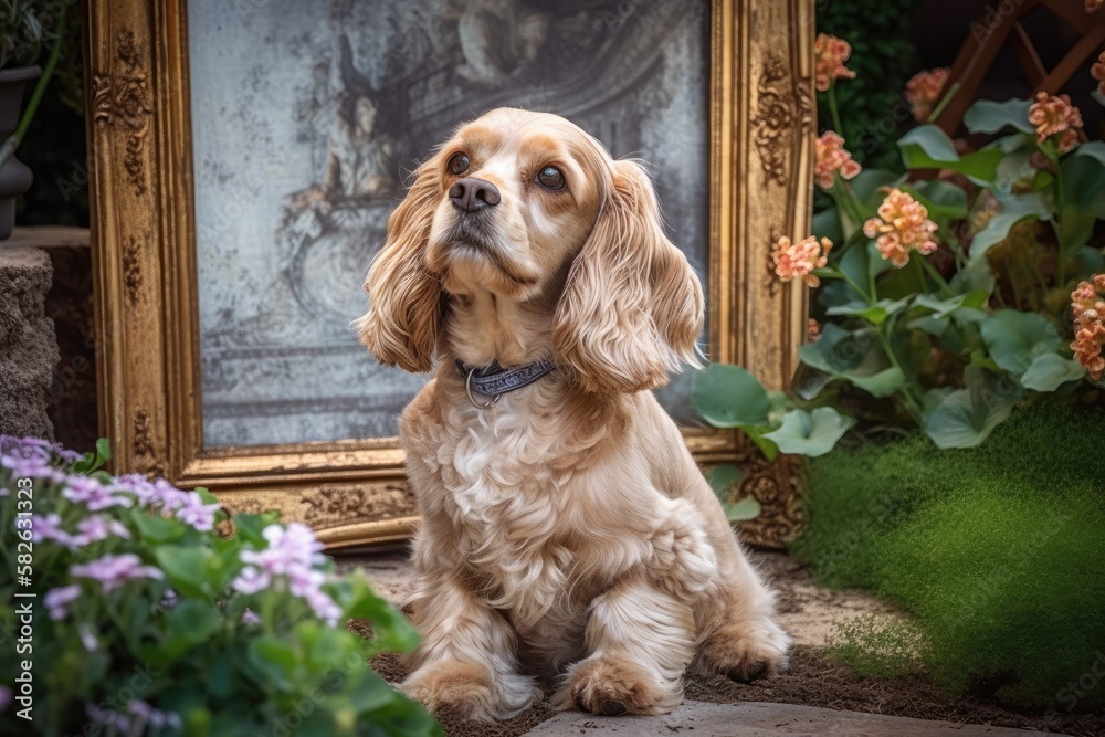 A young American Cocker Spaniel relaxing in a garden behind a picture frame is the epitome of a pict