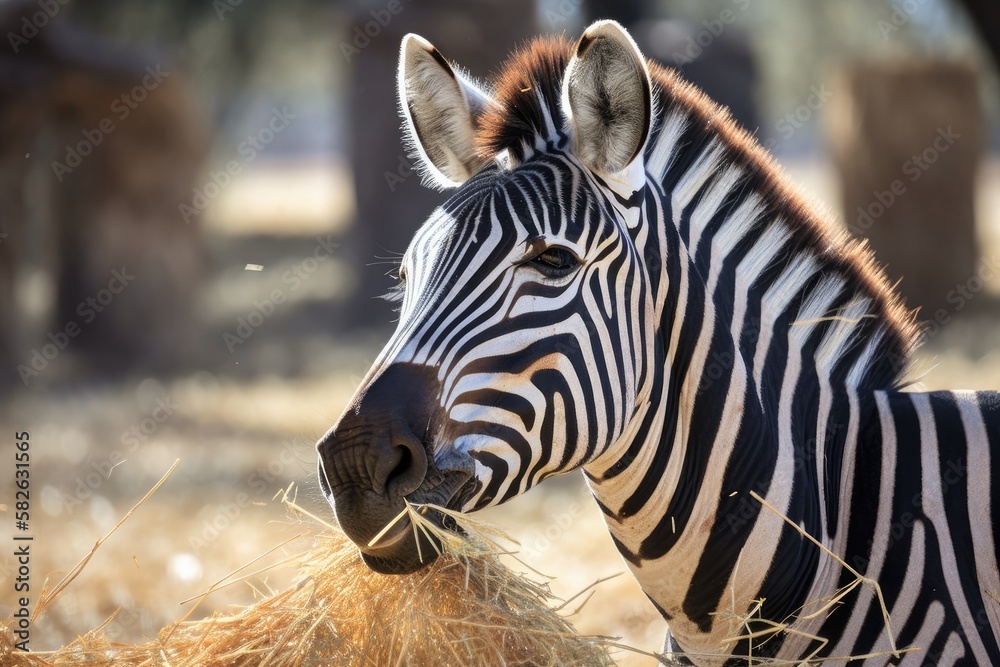 Zebra of Grevy consuming hay. Equus grevyi is the atin name. Generative AI