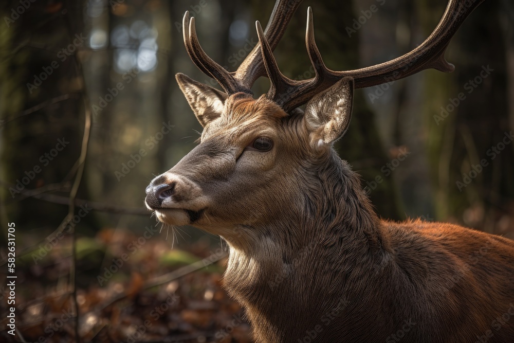 Male deer in profile, facing to the left. Generative AI