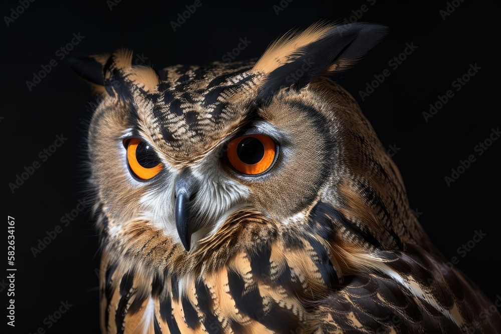 Eurasian Eagle Owl, European Eagle owl, close up, Bubo bubo. Generative AI