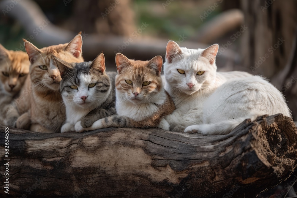 Many cozy kitties are curled up on an old log. Generative AI