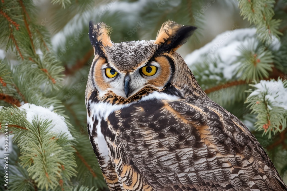 On a chilly winter morning, a close up of a great horned owl perched in a snow covered pine tree is 