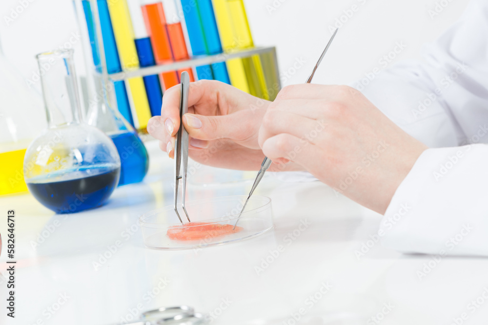 Microbiologist researching sample in petri dish.