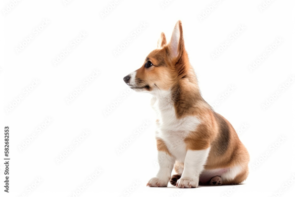 Puppy Pembroke Welsh Corgi sitting and looks away. isolated against a white background. Generative A