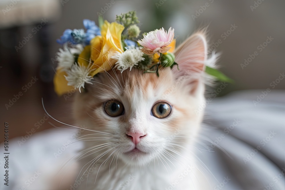 a lovely kitten holding a flower. Generative AI