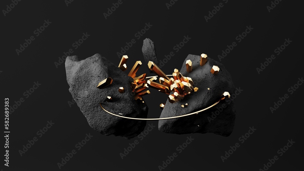 Exhibition dark podium, display with stones and gold crystals - 3d render. Mystical, magical, fantas