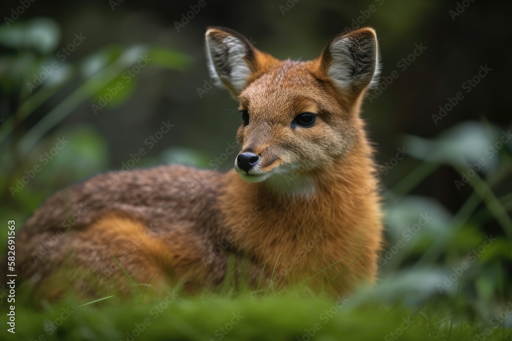 A adorable Chinese Water Deer (Hydropotes inermis) lies down in the lush grass to relax. Generative 