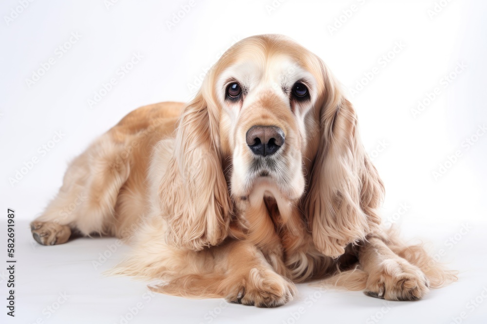 Cocker Spaniel lying down in a studio, isolated on a white background. Generative AI