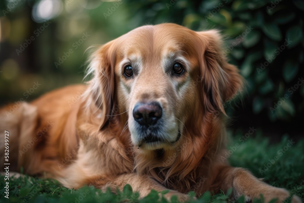 one gorgeous golden retriever dog on the grass looking at the camera at a park with green trees in t