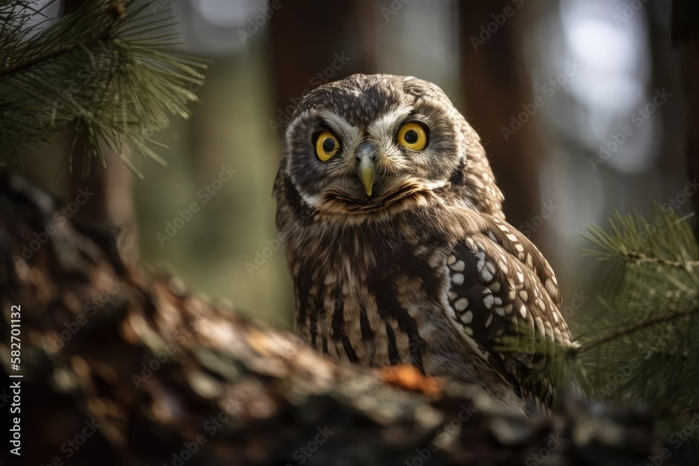 The Eurasian Pigmy On a bright spring day, an owl perches in a fir wood. Generative AI