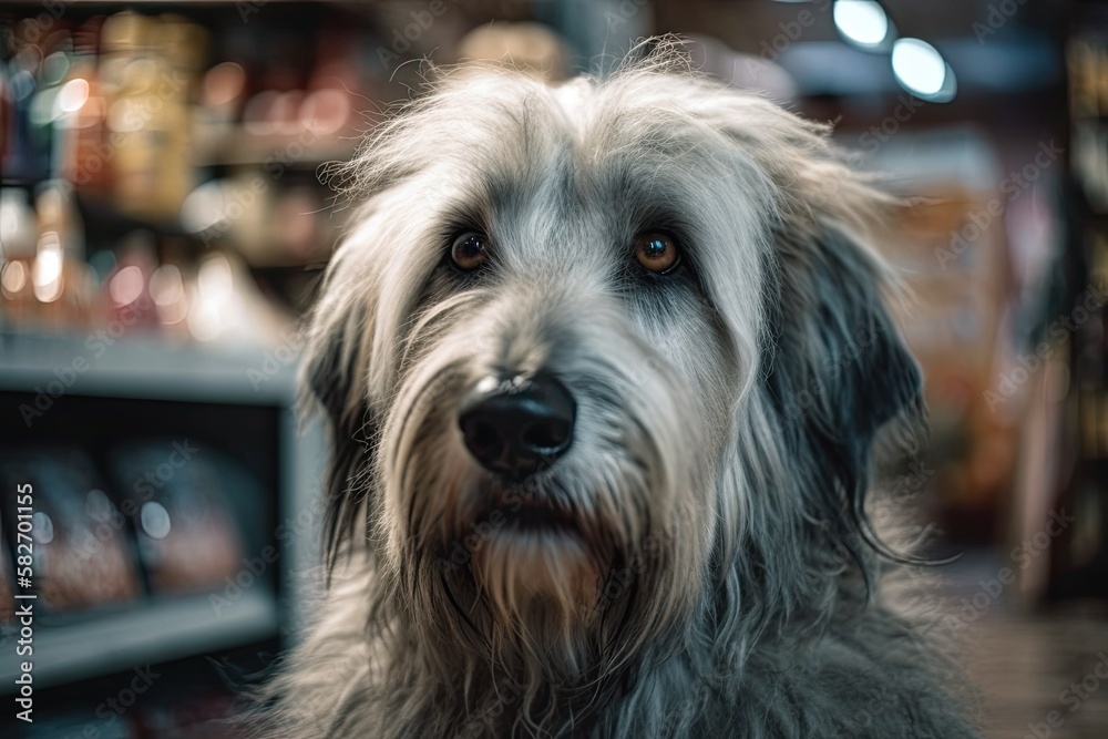 A gray eared shaggy dog sits inside the store, waiting for its owner. Generative AI