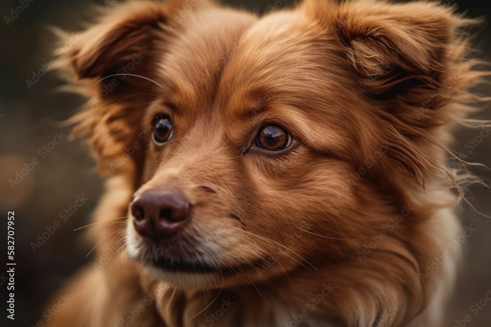 a beige background with a red haired dog. Generative AI