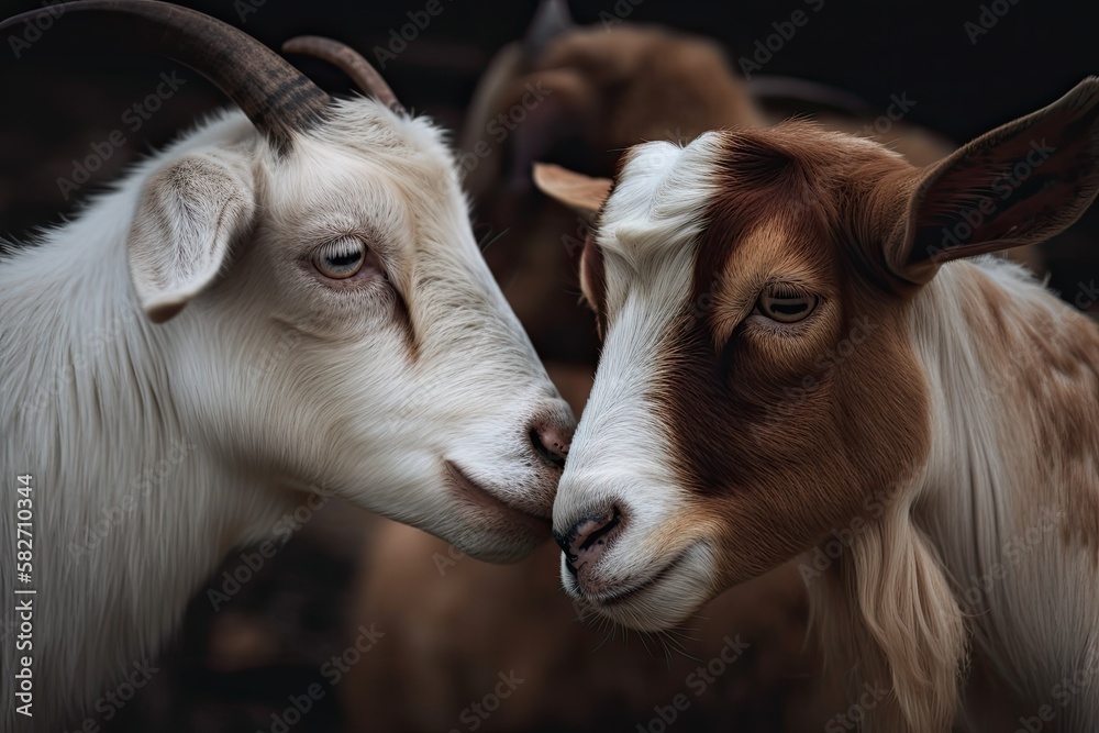 white goat and brown cow. Generative AI