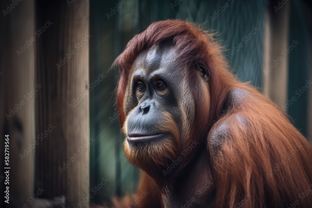 Male Orangutan at a Zoo. Generative AI