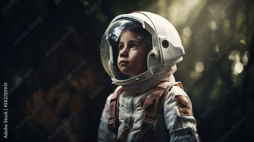 Little kid wearing spacesuit. Cosmonaut concept. Ai generated.