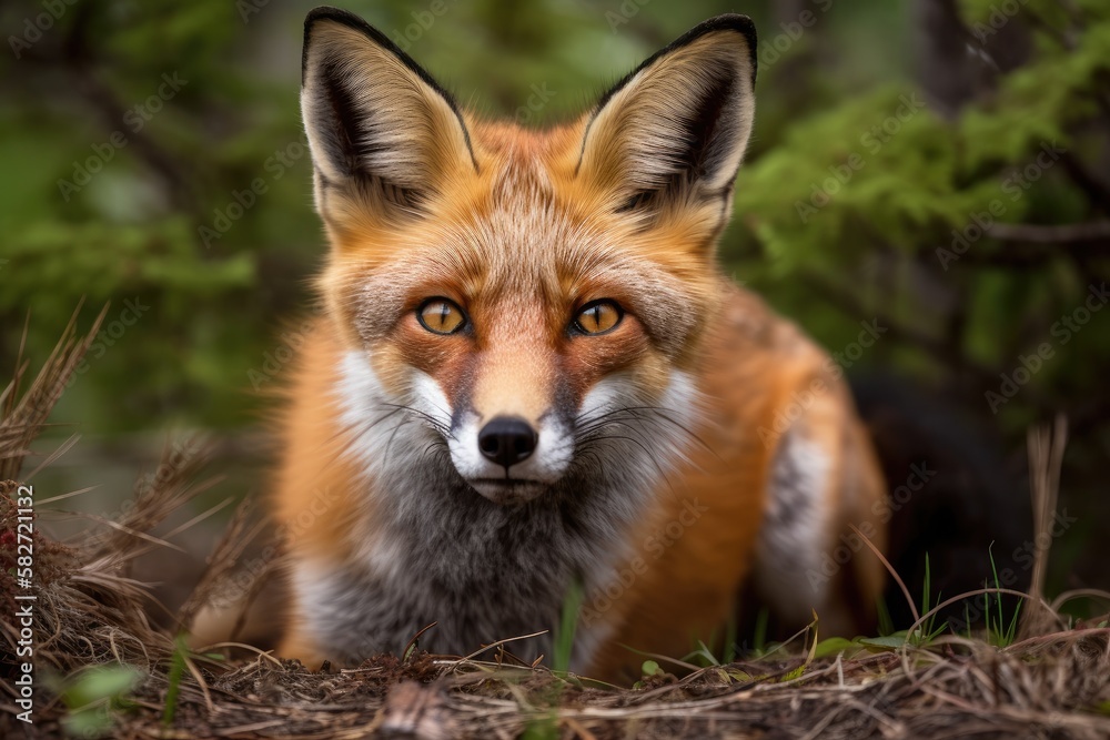 Wild red fox vulpes observed in the wild in northern Canada during the spring and summer months, wit