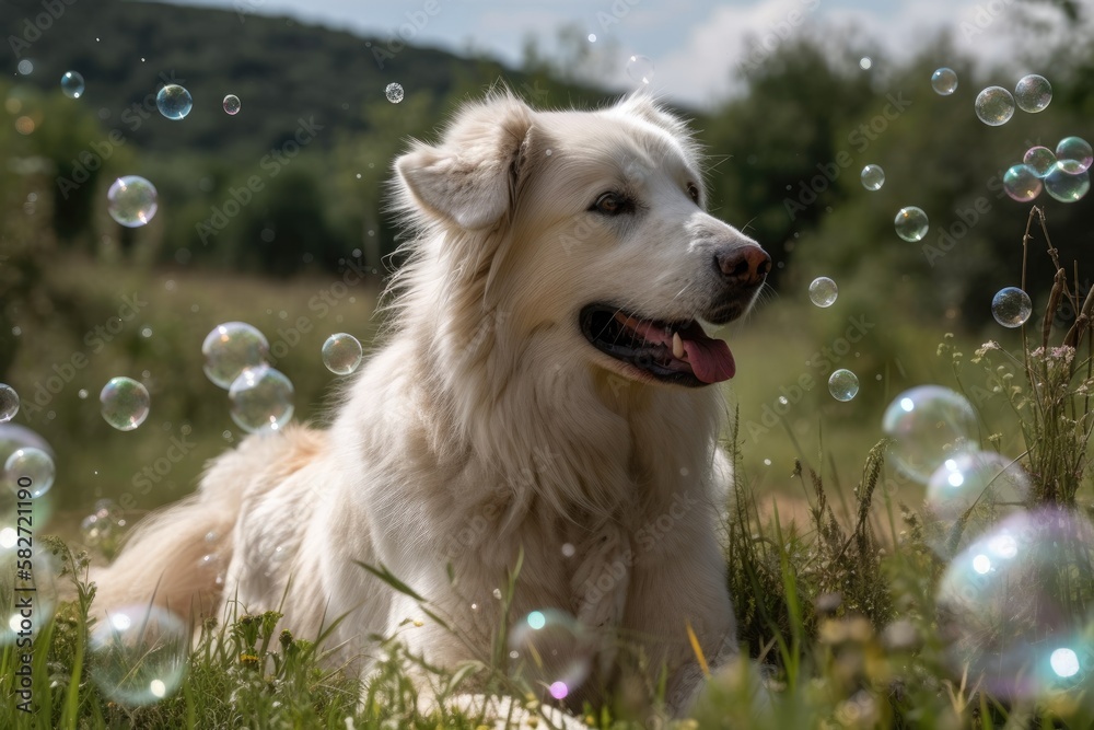 Maremmano Abruzzese Maremma Sheepdog having fun with toys and bubbles. Generative AI