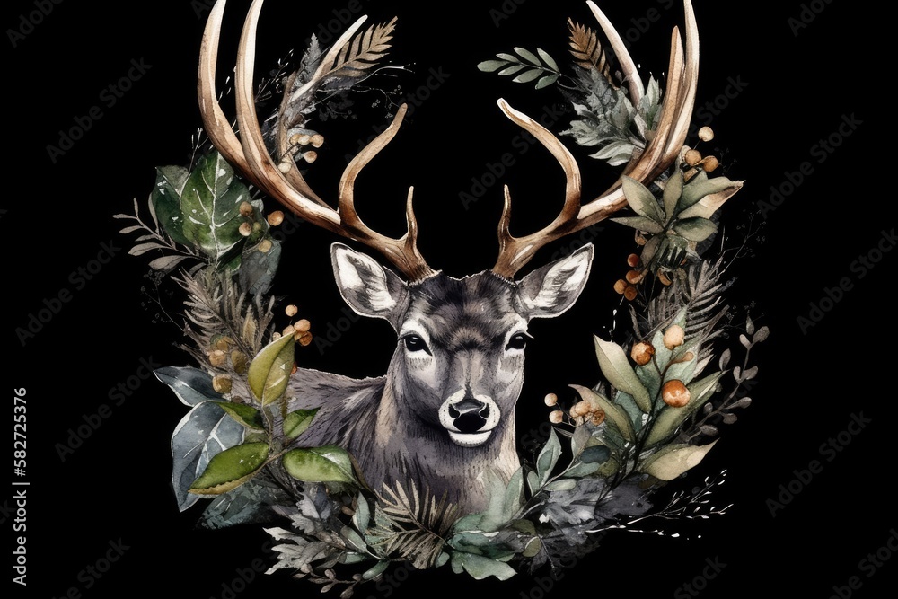 Watercolor Artwork of a Deer Head in a Forest Wreath in Scandinavian Style. Boho T shirt Print, Post