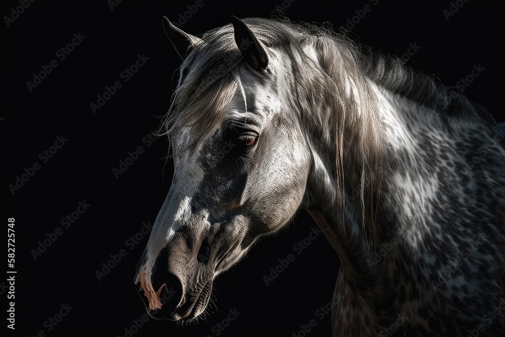 PRE (pura raza espanola) horse in grey on a black background. Generative AI