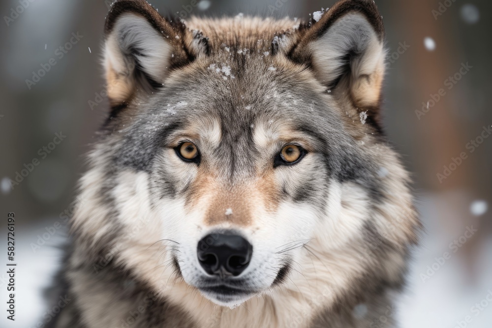 Close up portrait of a timber wolf or grey wolf Canis lupus with direct eye contact in winter snow i