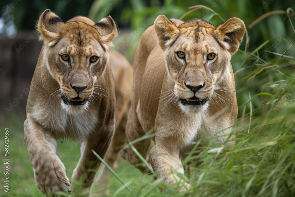 On the grass, two female lions chase each other. Generative AI